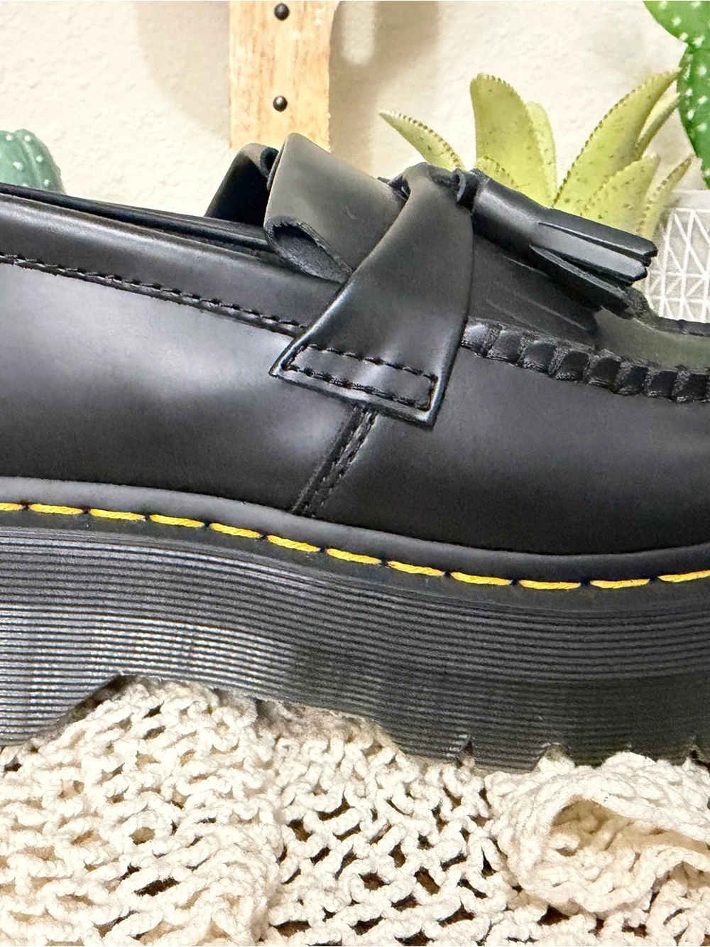 NWOT Dr. Martens Black Leather Tassel Kiltie Loafers with Yellow Stitching